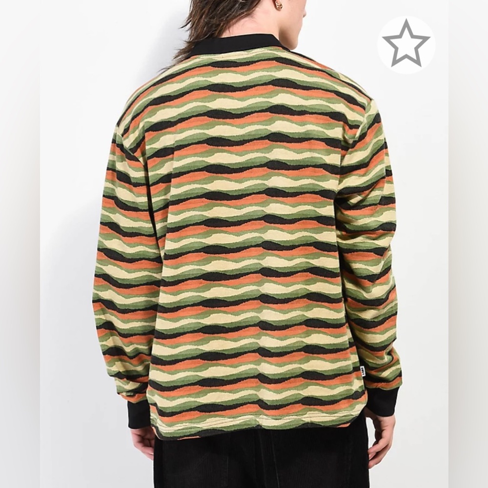 Obey Monaco Jacquard Black Multi Long Sleeve Polo Shirt Size M